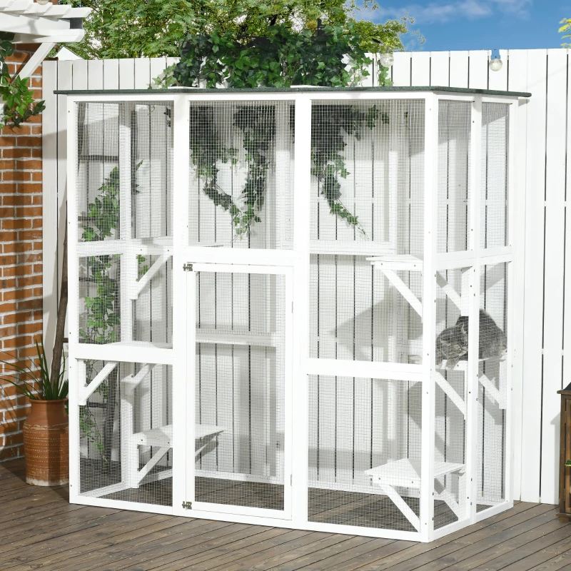 white wooden large catio with platforms, roof and mesh screening