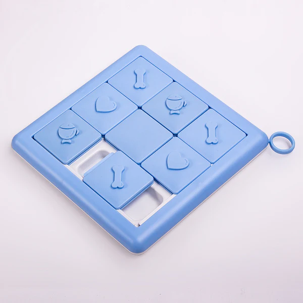 square blue sliding puzzle with hidden treat spaces below the sliding pieces